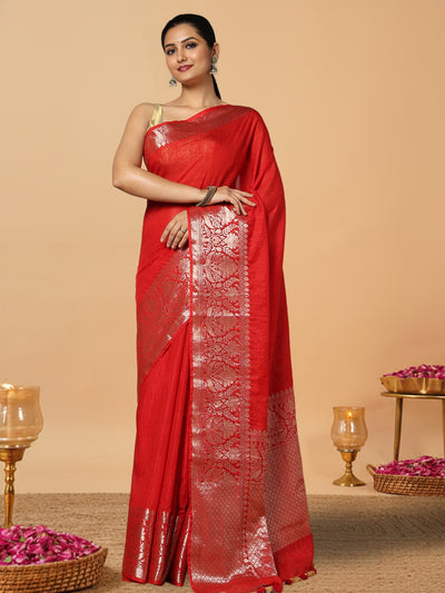 Lively Banarasi Silk Linen Handloom Red Saree