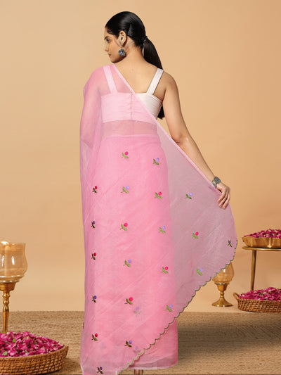 Kota Doria Chic Pink Saree Allover Embroidery Handcrafted