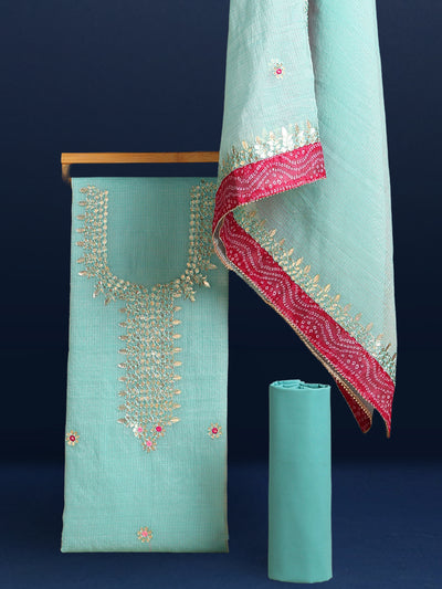 Glimmering Kota Doria Gota Patti Soft Green Suit (T+B+D)