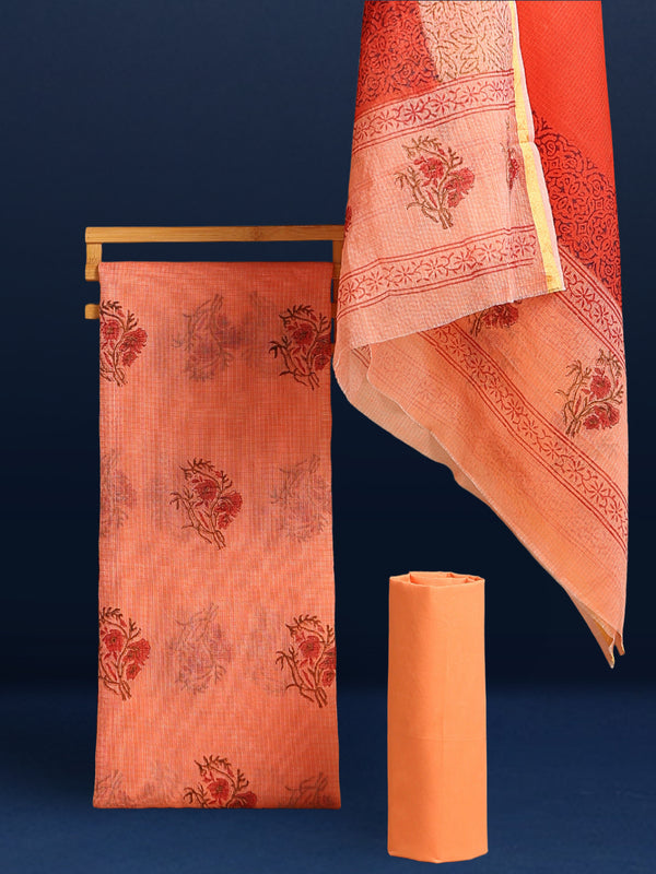 Unique Kota Doria Red Blockprinted Suit (Top+Dupatta+Bottom)