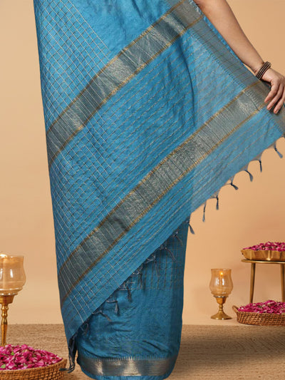 Handcrafted Kota Silk Turquoise Blue Plain Saree