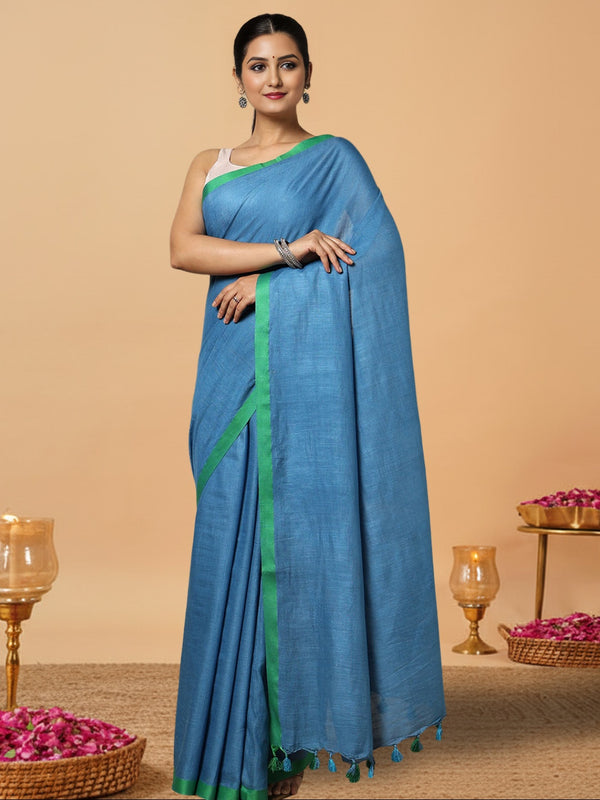 Tranquil Slub Linen Hand Dyed Blue Saree