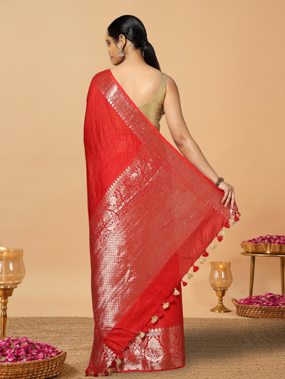 Lively Banarasi Silk Linen Handloom Red Saree