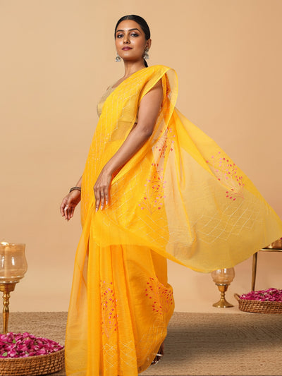 Bright Kota Doria Cotton Bel Embroidery Yellow Saree Handdyed