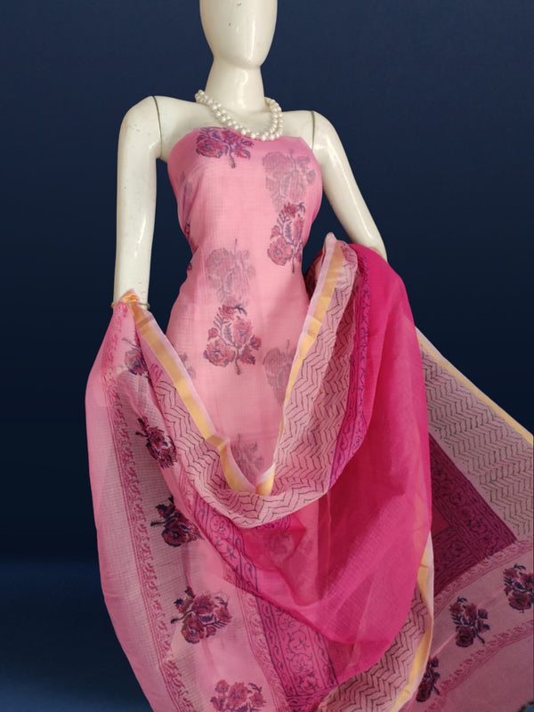 Poised Kota Doria Pink Blockprinted Suit (Top+Dupatta+Bottom)