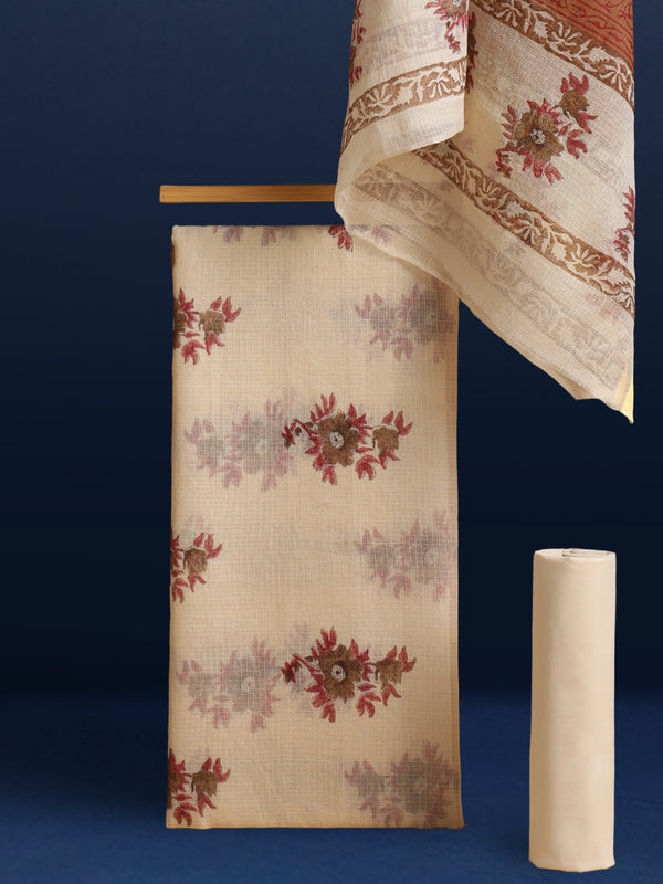 Surreal Kota Doria Brown Blockprinted Suit (Top+Dupatta+Bottom)