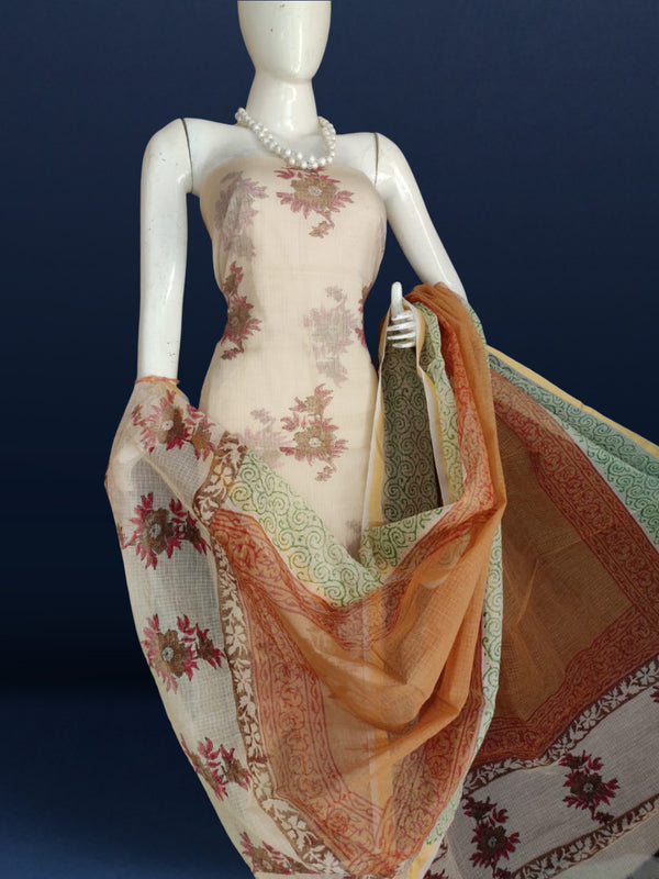 Surreal Kota Doria Brown Blockprinted Suit (Top+Dupatta+Bottom)
