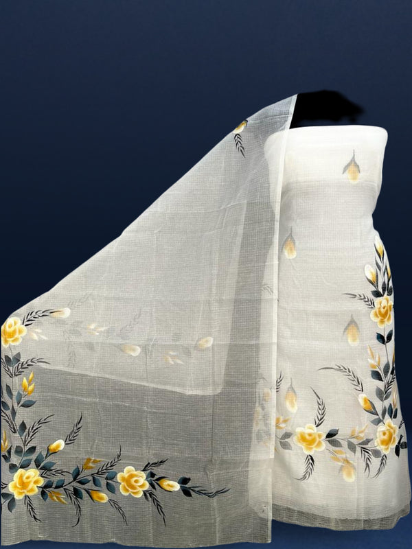 Handpainted Kota Doria Suit White (Top+Dupatta+Bottom)