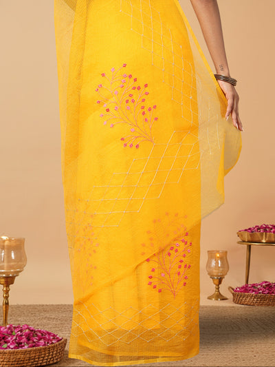 Bright Kota Doria Cotton Bel Embroidery Yellow Saree Handdyed