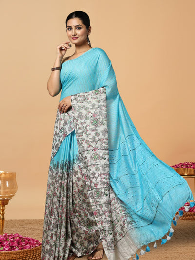 Half Dye Half Print Kota Silk Saree Summer Sky Blue
