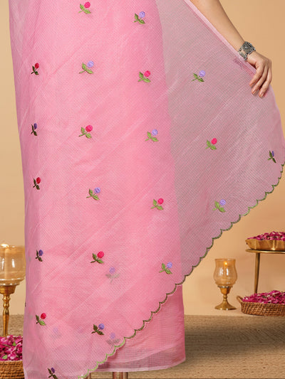 Kota Doria Chic Pink Saree Allover Embroidery Handcrafted