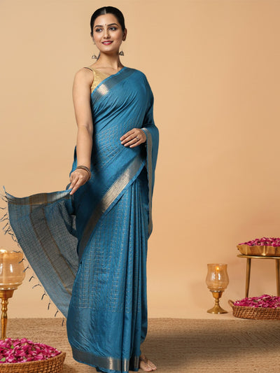 Handcrafted Kota Silk Turquoise Blue Plain Saree
