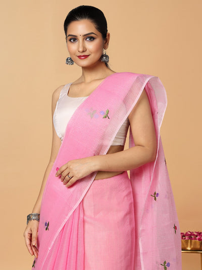 Kota Doria Chic Pink Saree Allover Embroidery Handcrafted