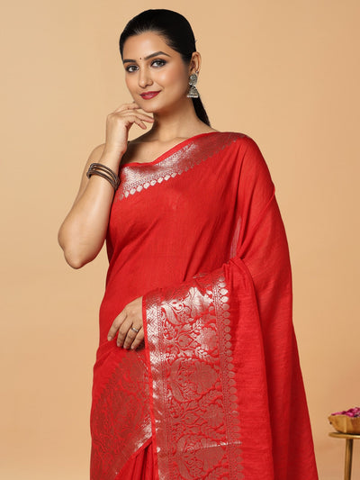 Lively Banarasi Silk Linen Handloom Red Saree
