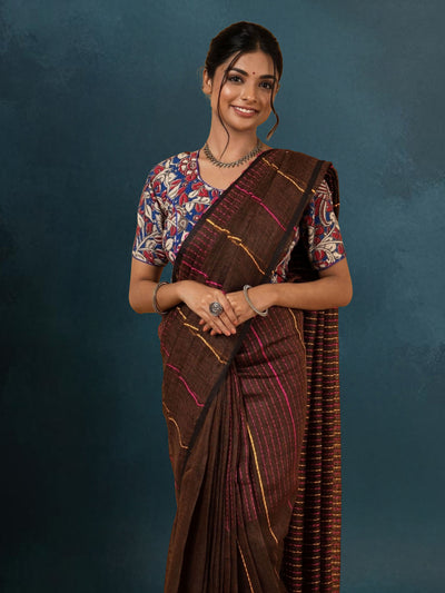 Sophisticated Pure Linen Kantha Work Saree Brown