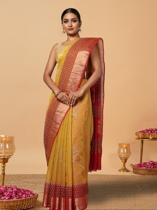 Craft Couture Blockprinted Kota Doria Mustard Yellow & Red Saree