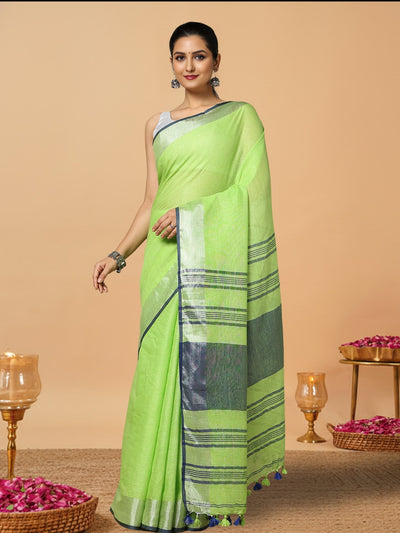 Illuminating Handwoven Pure Linen Green Saree