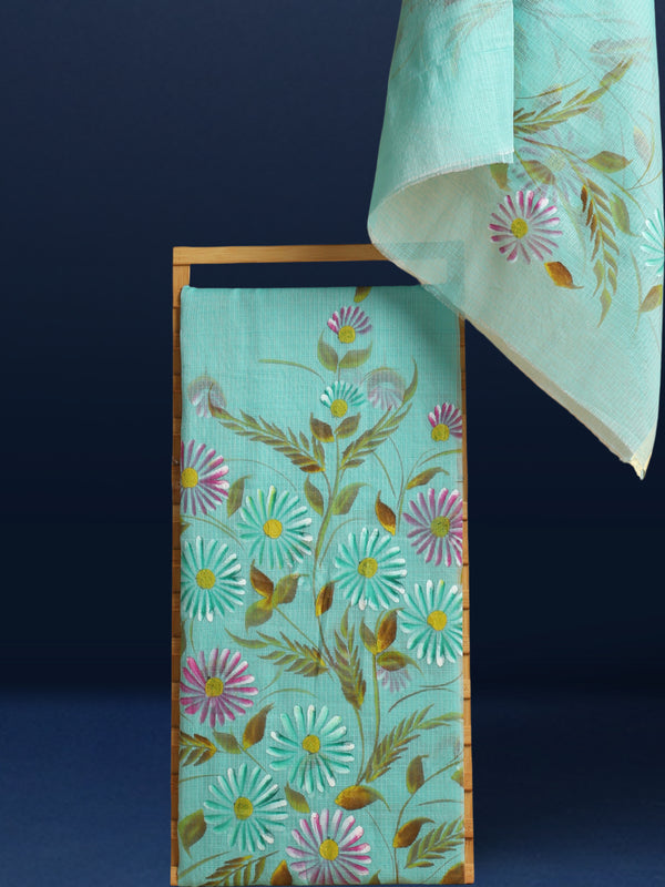 Handpainted Vibrant Kota Doria Blue Suit (Top & Dupatta)