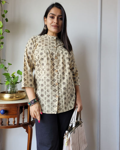 Indiehaat | Kanchi Cotton Peplum Tops Simple Beige BlockPrinted