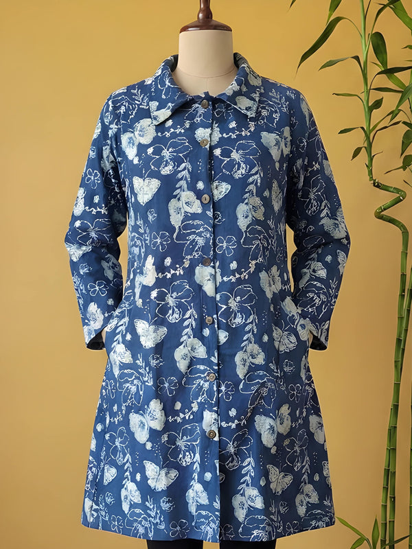Avaran Roop Pure Cotton Blockprint Indigo Blue Winter Jacket