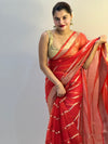 Organza Pure Banarasi Silk Saree With Striped body running blouse Red Colour-Indiehaat