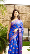 Silkmark Certified Tussar Moonga Banarasi Silk Saree Navy Blue Color with running blouse-Indiehaat