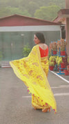 Silk Linen Embroidered Handloom Mustard Yellow Saree with Blouse-Indiehaat