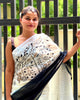 Pure Linen Handloom Saree Black & White Color Hand Embroidered with Running Blouse-Indiehaat