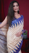 Silkmark Tussar Tranquil Blockprint Biege & Blue Saree
