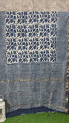 Indehaat | Tanwaar Pure Chanderi Blockprint Silk Saree Off White & Blue