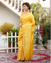 Silk Linen Embroidered Handloom Mustard Yellow Saree with Blouse-Indiehaat