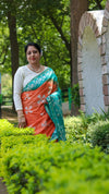 Kota Silk Saree Orange & Light Sea Green Color Batik Print with running blouse-Indiehaat