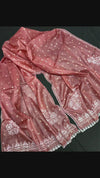 Pure Tussar Silk Dupatta Peach Color Chikankari and Crochet work - IndieHaat