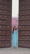 Organza Stitched Suit Light Blue Color Hand painted - IndieHaat