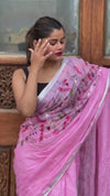 Pure Linen Saree Handloom Hand Embroidered Pink color with attached Running Blouse-Indiehaat