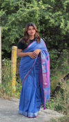 Pure Linen Plain Saree Blue Color with running blouse-Indiehaat