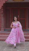 Organza Stitched Suit Pink Color Hand painted - IndieHaat