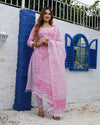 Kota Doria Suits (Top+Bottom+Dupatta) Pink  Color Handblock print with Stitch embroidery work - IndieHaat