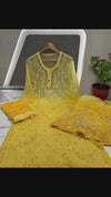 Georgette Kurti Yellow Color Chikankari Ombre Mirror Work with Dupatta, Bottom and Inner - IndieHaat