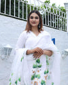 Kota Doria Suit (Top+Bottom+Dupatta) White Color Hand Painting with Stitch embroidery work - IndieHaat