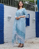 Kota Doria Suits (Top+Bottom+Dupatta) Sky Blue Color Handblock print with Stitch embroidery work - IndieHaat