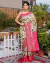 Kashmiri Modal Silk Saree Beige Color with Rani Pink Pallu and blouse - IndieHaat