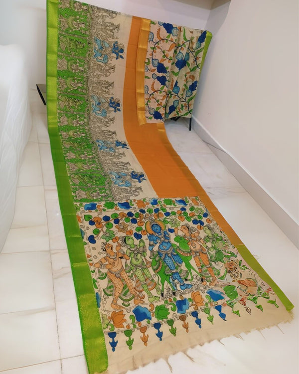 Indiehaat | Mangalagiri Handpainted Silk Saree Beige