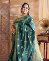 Indiehaat | Banarasi Silk Green Saree Jaquard Weaving With Running Blouse