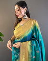 Indiehaat | Soft Silk Contrast Zari Woven Green Saree