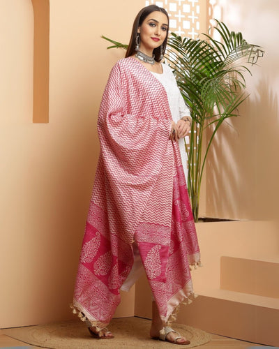 Indiehaat | Katan Silk Blockprint Dupatta Pink