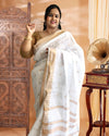 Indiehaat|Kota Silk White Color Saree Jaquard Weaving Golden Zari Work With Blouse