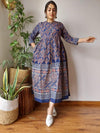 Indiehaat | Cotton Long One Piece Dress Blue Color Bagru Hand Printed Size 36 to 46