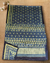 Indiehaat | Ajrakh Blockprint Modal Silk Lagdi Patta Blue Saree