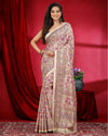 Indiehaat | Kashmiri Silk Beige & Pink Printed Saree